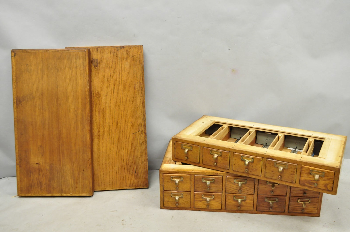 Antique Arts & Crafts Library 15 Drawer Mission Oak Stacking Card File Cabinet