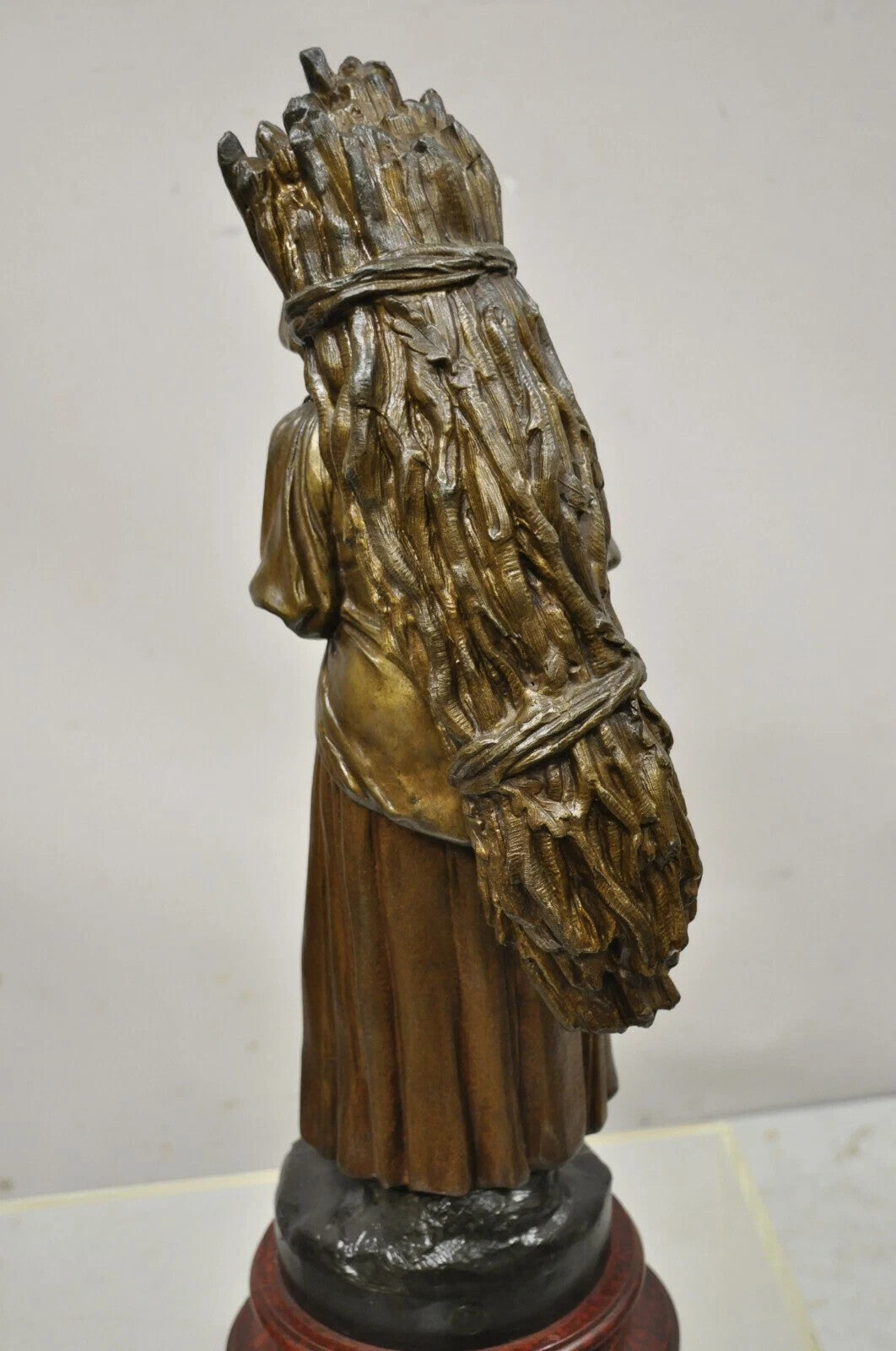 Antique Hiver French Spelter Sculpture Statue of Woman Carrying Bundle of Sticks