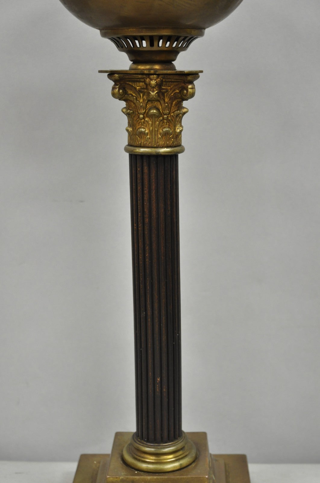 Antique French Empire Brass Converted Oil Lamp Mahogany Wood Column Table Lamp
