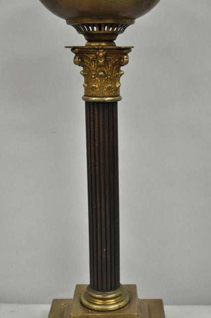 Antique French Empire Brass Converted Oil Lamp Mahogany Wood Column Table Lamp