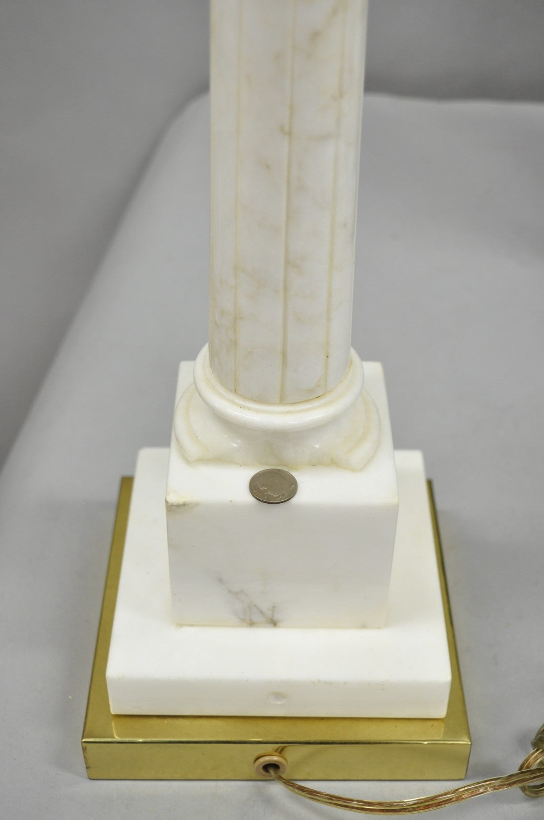 Vintage Italian Neoclassical White Carved Marble Empire Column Table Lamp Pair