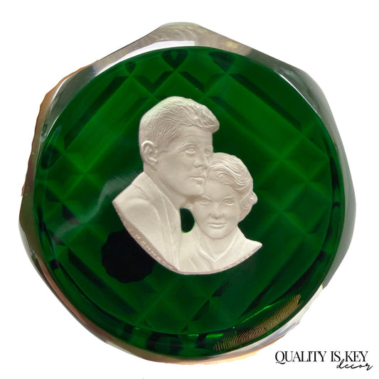 Cristal D'Albret France JFK Jackie Kennedy Sulphide Paperweight Faceted Green