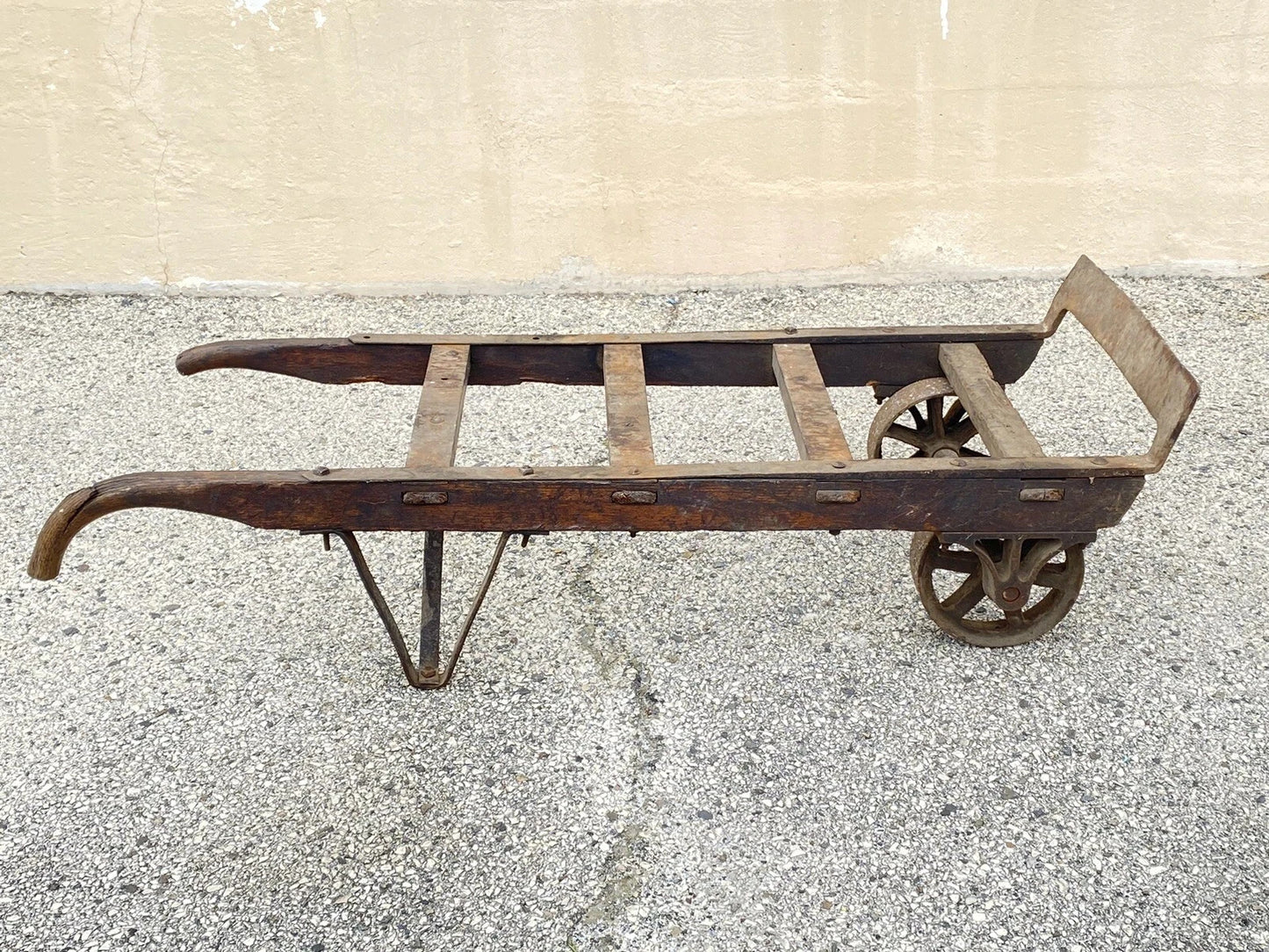Antique Industrial Vintage Oak Wood and Steel Metal Factory Hand Truck