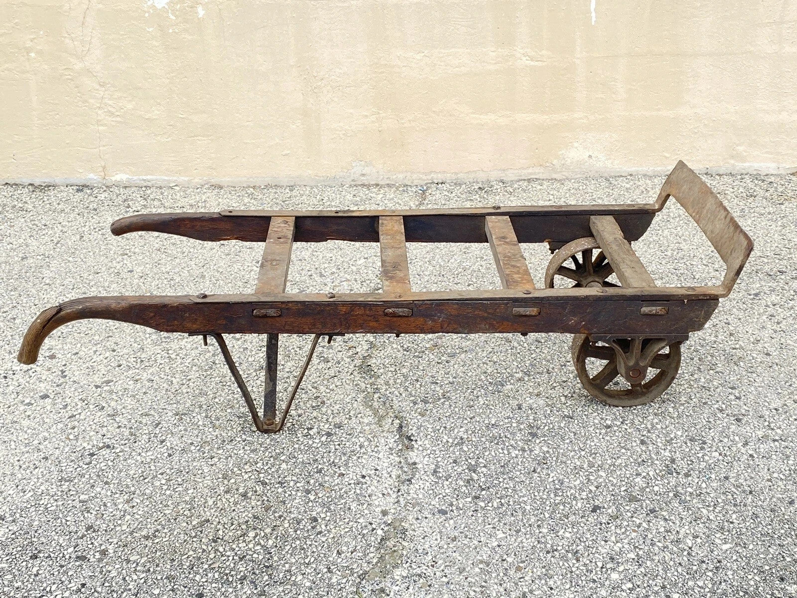 Antique Industrial Vintage Oak Wood and Steel Metal Factory Hand Truck