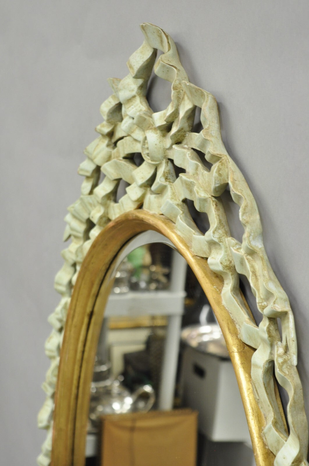 Harrison Gil Blue Italian Hollywood Regency Carved Wood Ribbon Wall Mirror Pair