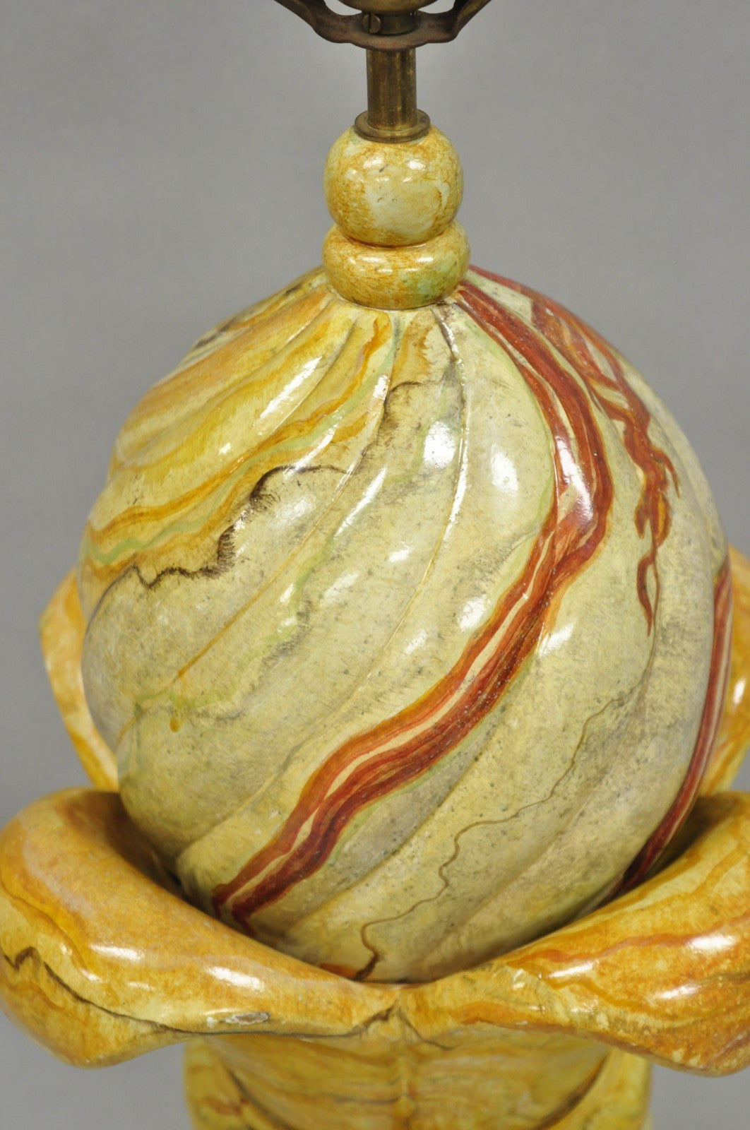 Vintage Hollywood Regency Faux Marble Orange Lacquered Wood Artichoke Table Lamp