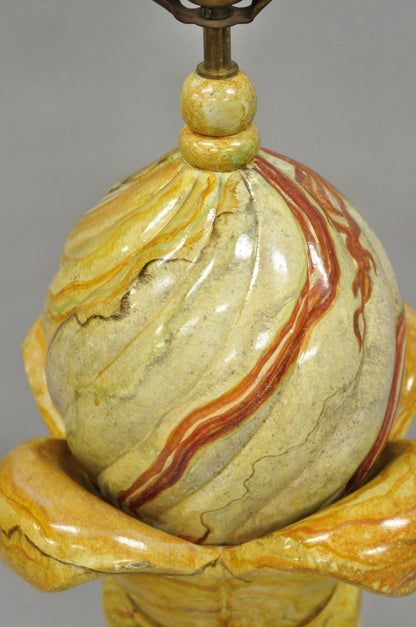 Vintage Hollywood Regency Faux Marble Orange Lacquered Wood Artichoke Table Lamp