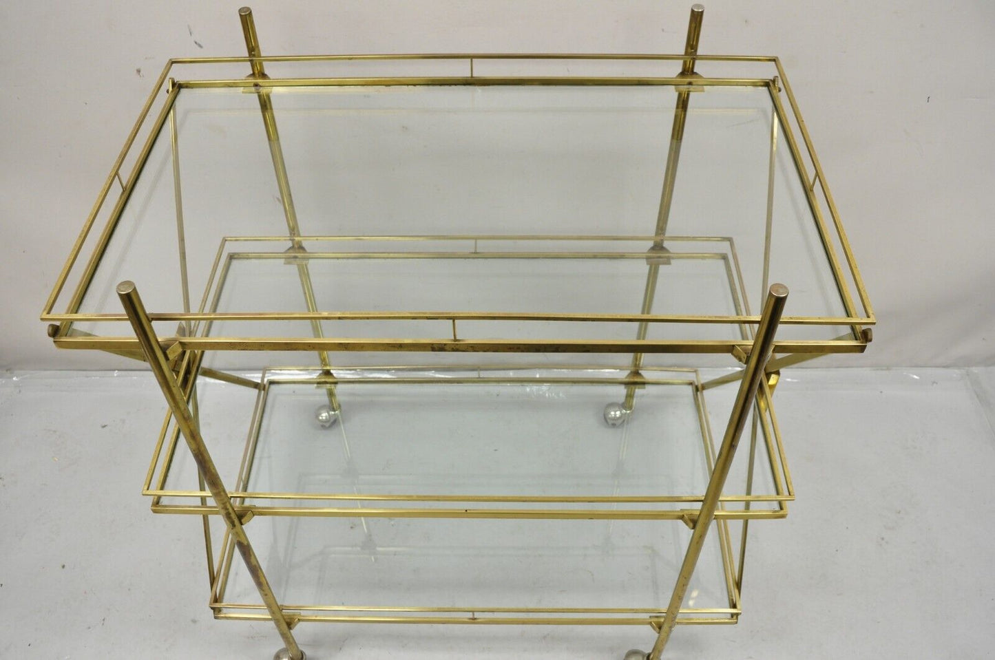 Mid Century Italian Modern 3 Tier Brass & Glass X-Frame Rolling Server Bar Cart