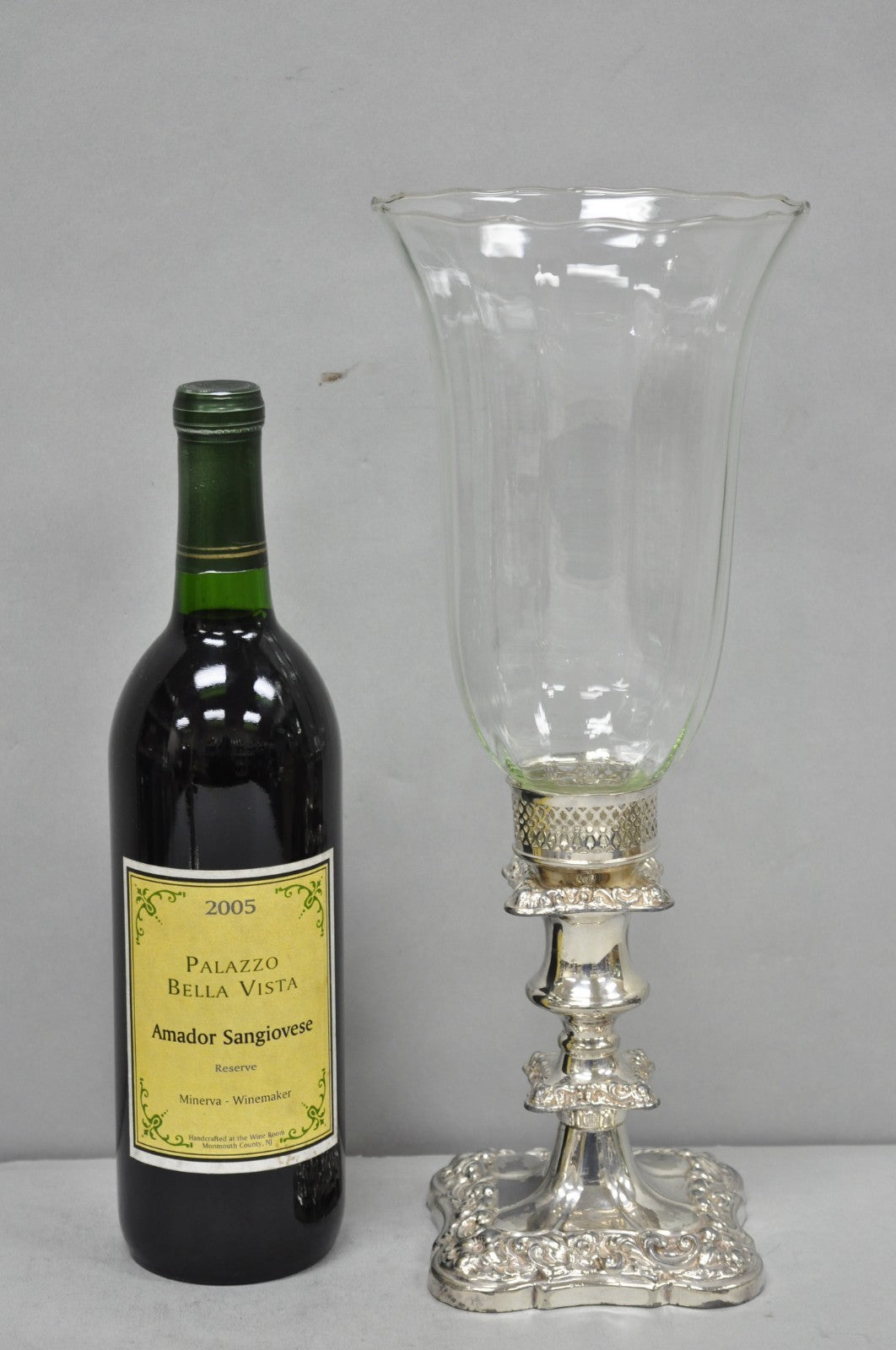 Antique Victorian Silver Plated Glass Hurricane Lamp Shade Candlestick - Pair