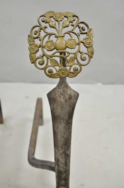 Antique French Art Nouveau Hand Hammered Wrought Iron & Bronze Andirons - a Pair