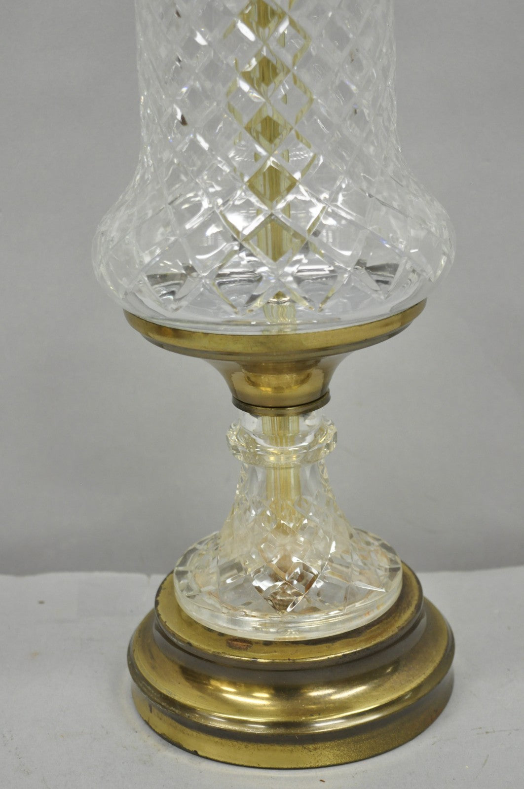Vintage French Empire Style Crystal Glass Column Brass "Oil Lamp" Table Lamp
