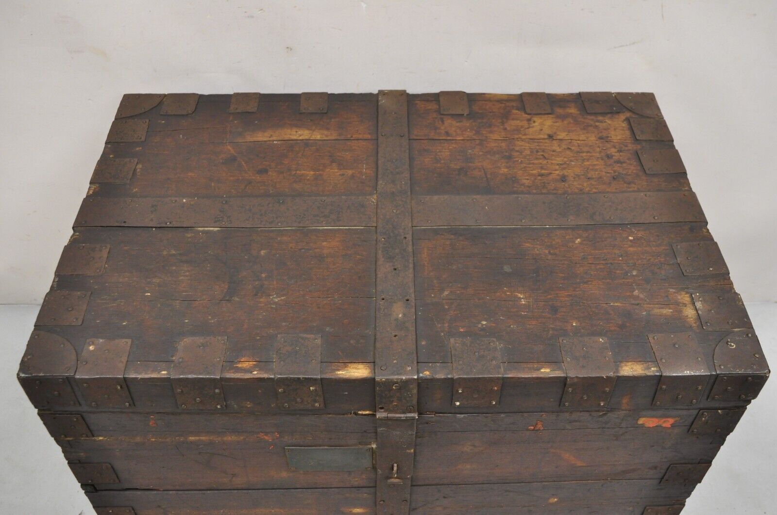 19th C. English Oak Wood and Steel Banded Safe Storage Cabinet Chest Trunk