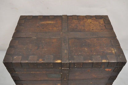 19th C. English Oak Wood and Steel Banded Safe Storage Cabinet Chest Trunk
