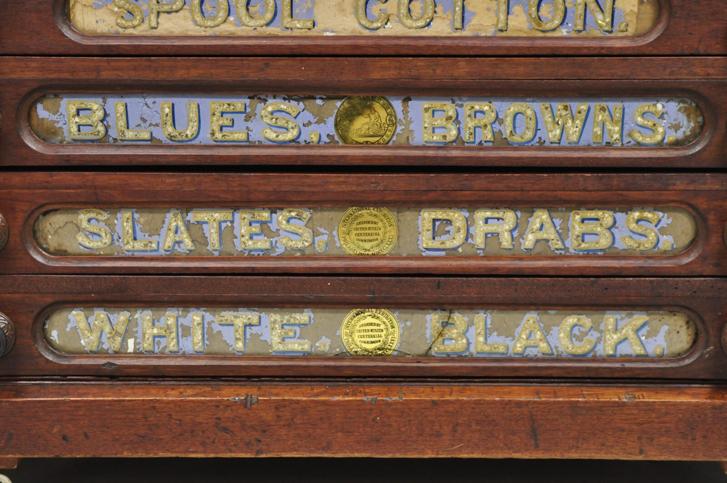 Antique John Clark Walnut 6 Drawer Sewing Spool Cabinet w Reverse Painted Glass