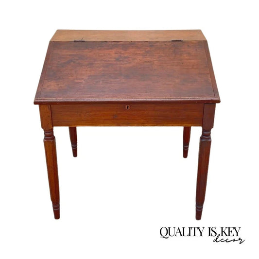 Antique Primitive Colonial Cherry Wood & Walnut Tall Schoolmasters Desk Table