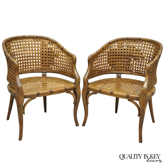 Vintage Hollywood Regency Faux Bamboo Wood & Cane Barrel Back Lounge Chair, Pair
