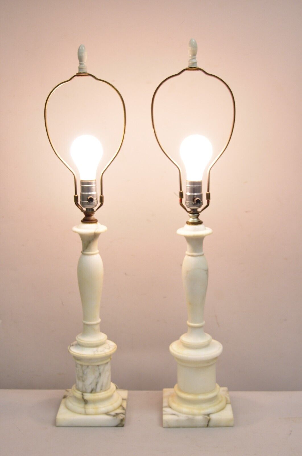 Vintage Italian Classical Carved White Marble Column Table Lamps - a Pair