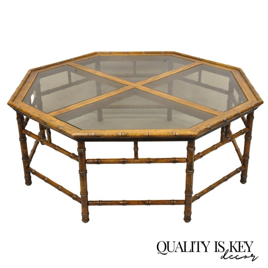 Vintage Hollywood Regency Faux Bamboo Octagonal Wooden Glass Top Coffee Table