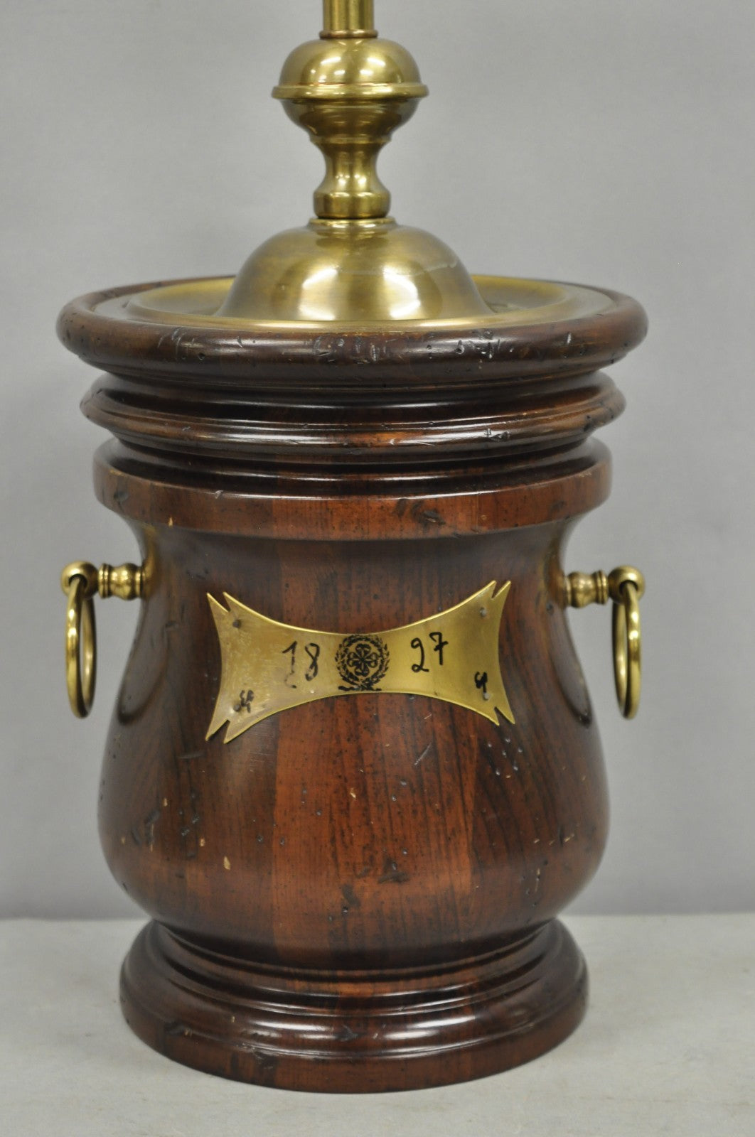 Vintage Frederick Cooper Colonial Style Solid Pine Wood Barrel Brass Table Lamp