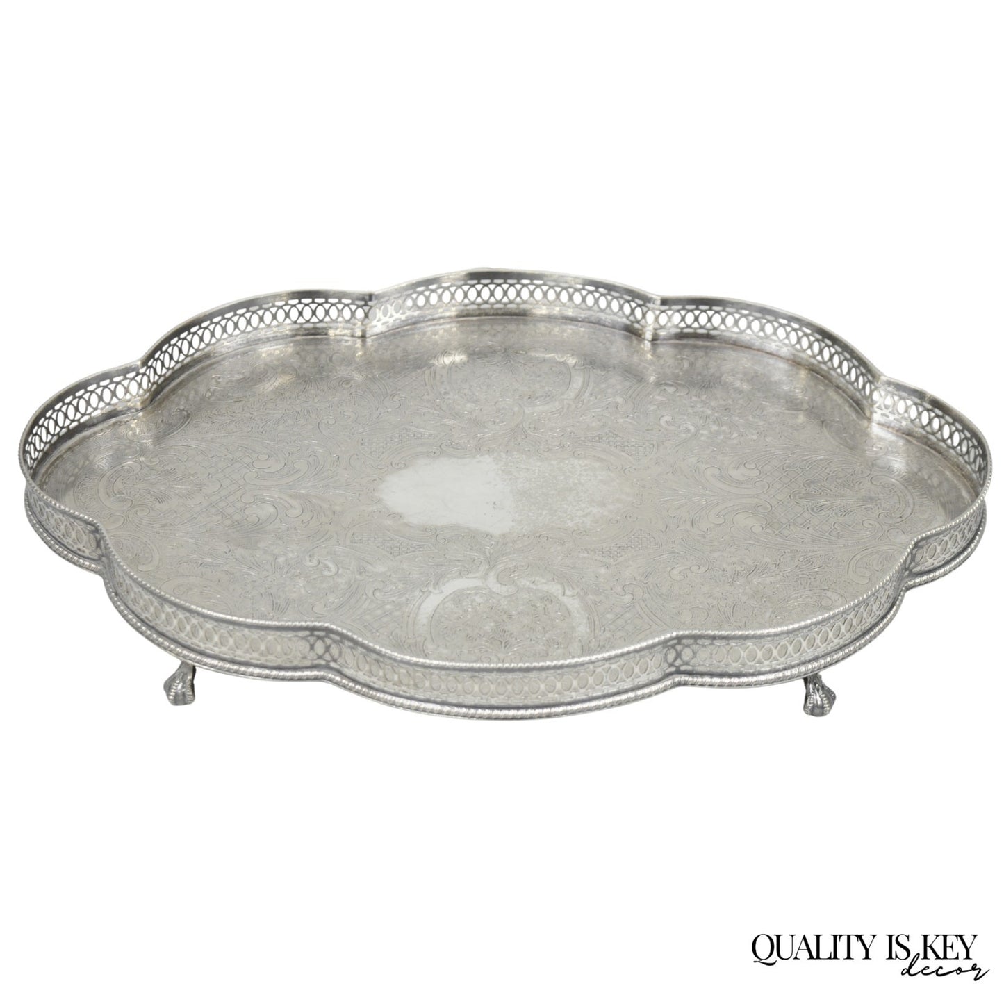 Sheffield England Chippendale Silver Plated Scalloped Serving Platter Bar Tray