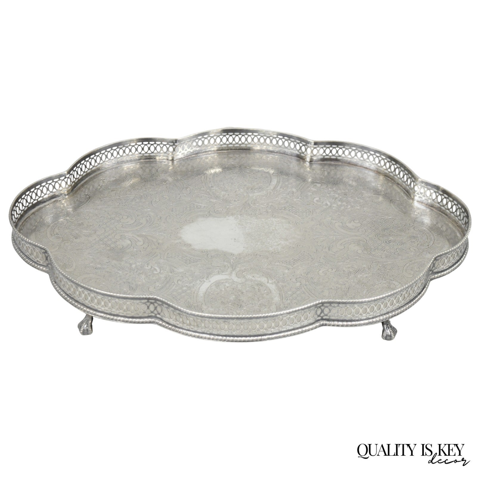 Sheffield England Chippendale Silver Plated Scalloped Serving Platter Bar Tray