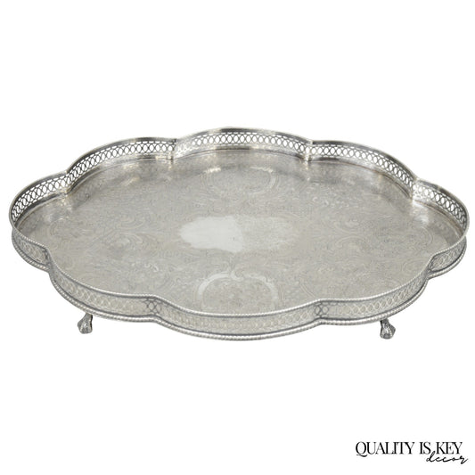 Sheffield England Chippendale Silver Plated Scalloped Serving Platter Bar Tray