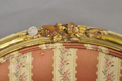 Antique French Louis XV Style Gold Giltwood Pink Stripe Fauteuil Arm Chair, Pair