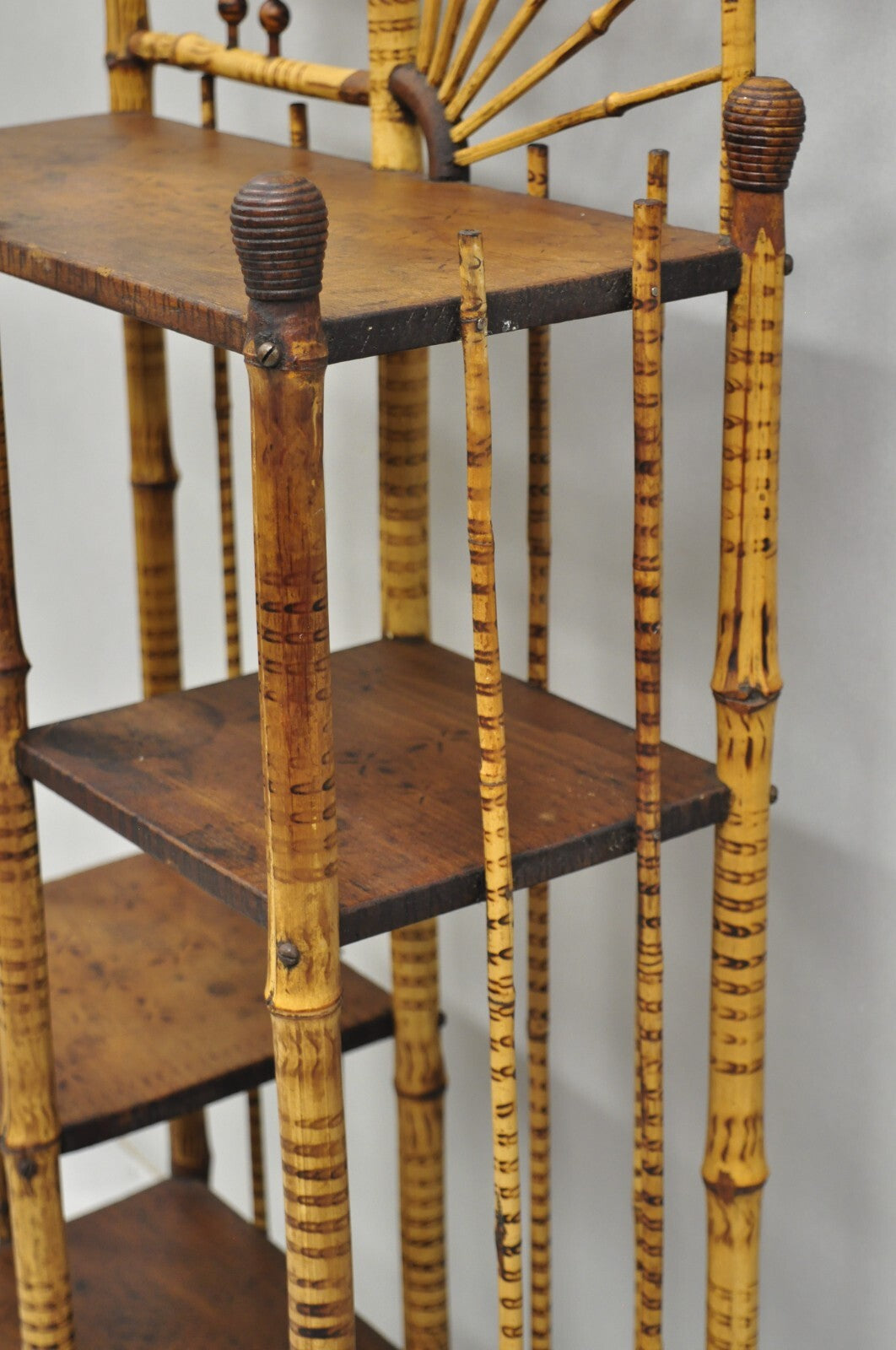 Antique English Victorian Stick and Ball Burnt Bamboo Curio Etagere Shelf Mirror