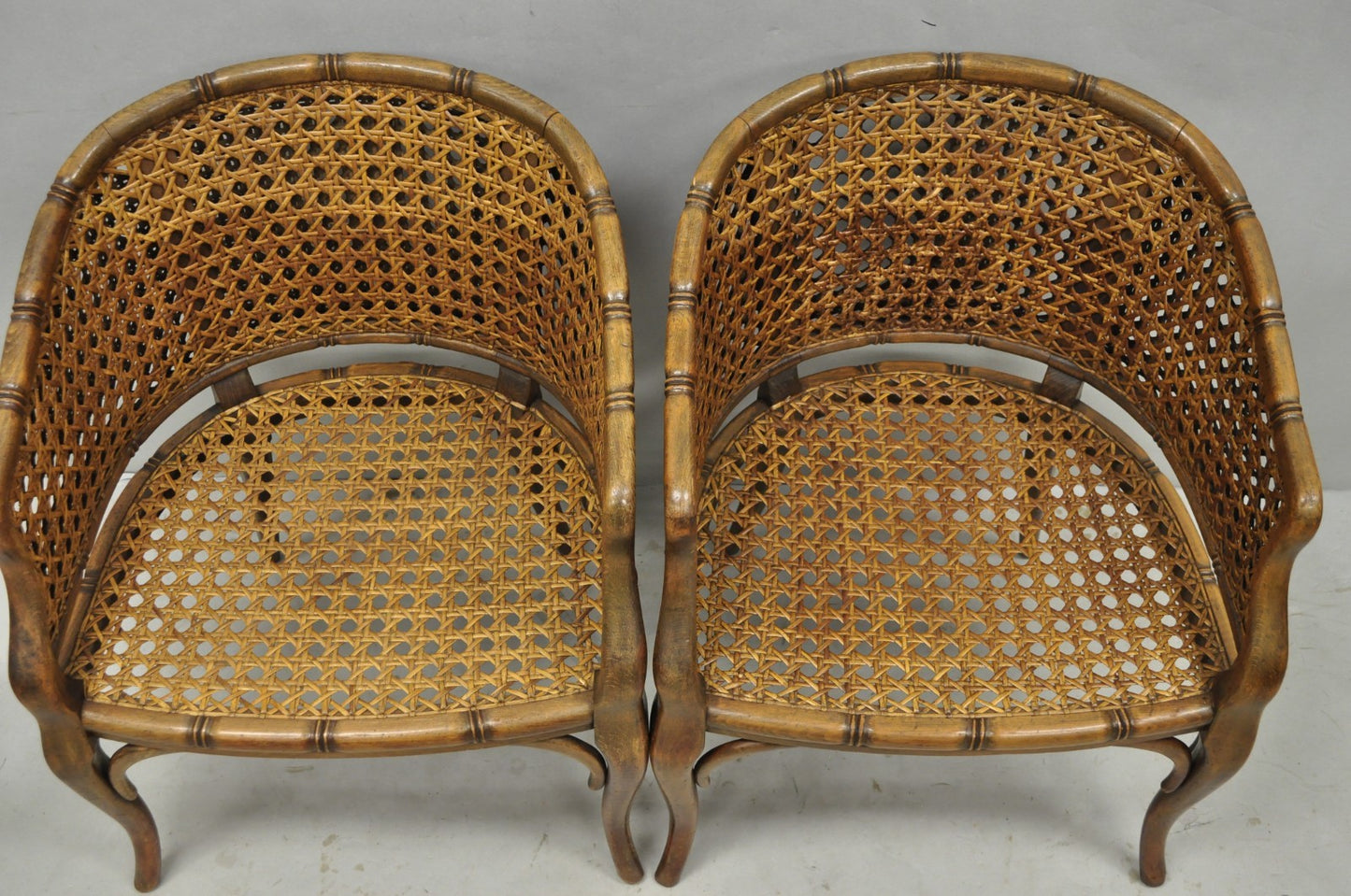 Vintage Hollywood Regency Faux Bamboo Wood & Cane Barrel Back Lounge Chair, Pair