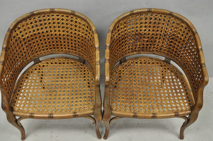 Vintage Hollywood Regency Faux Bamboo Wood & Cane Barrel Back Lounge Chair, Pair