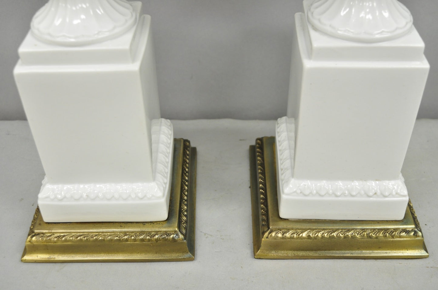 Vintage Italian Neoclassical White Porcelain Urn Table Lamps w/ Cherubs - a Pair