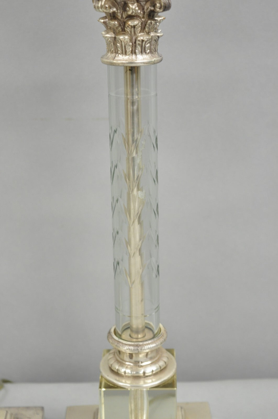 Antique French Empire Nickel Silver Glass Corinthian Column Table Lamps - a Pair