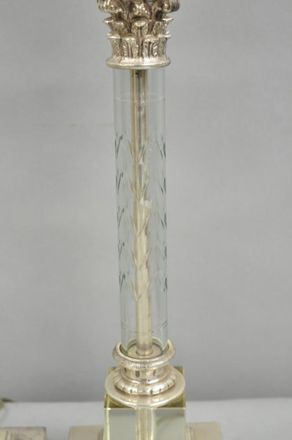Antique French Empire Nickel Silver Glass Corinthian Column Table Lamps - a Pair