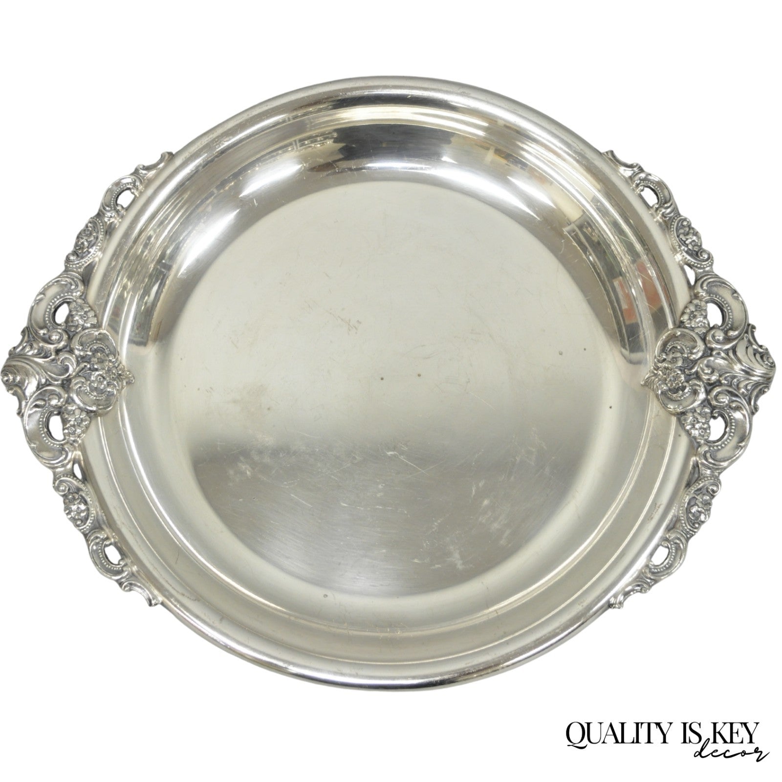 Vintage Wallace Baroque Silver Plated Round Twin Handle Serving Platter Bar Tray