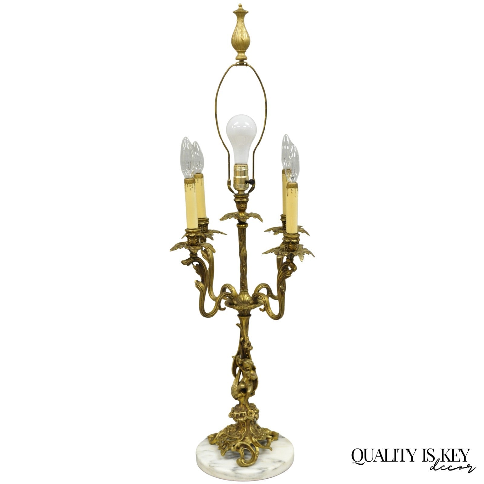 Vintage French Rococo Louis XV Brass Marble Figural Cherub Candelabra Table Lamp