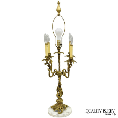 Vintage French Rococo Louis XV Brass Marble Figural Cherub Candelabra Table Lamp