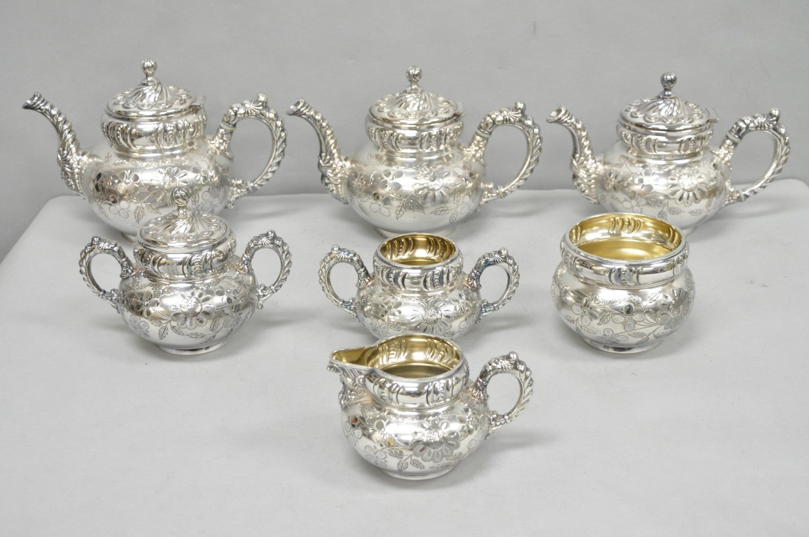 Antique Meriden B Co French Renaissance Silver Plated Figural Tea Set - 7 Pcs