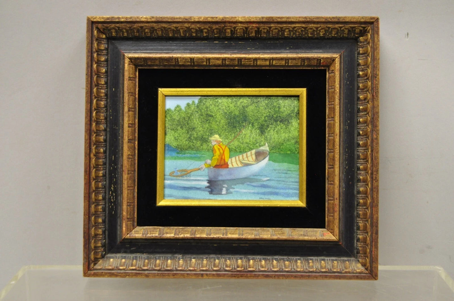 Daniel Belliard Enamel on Copper Small Framed Painting Fisherman in Boat on Lake