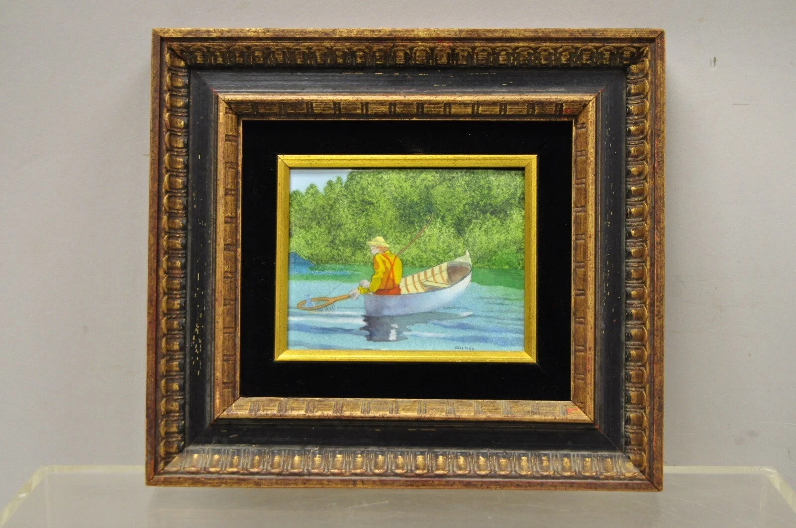 Daniel Belliard Enamel on Copper Small Framed Painting Fisherman in Boat on Lake