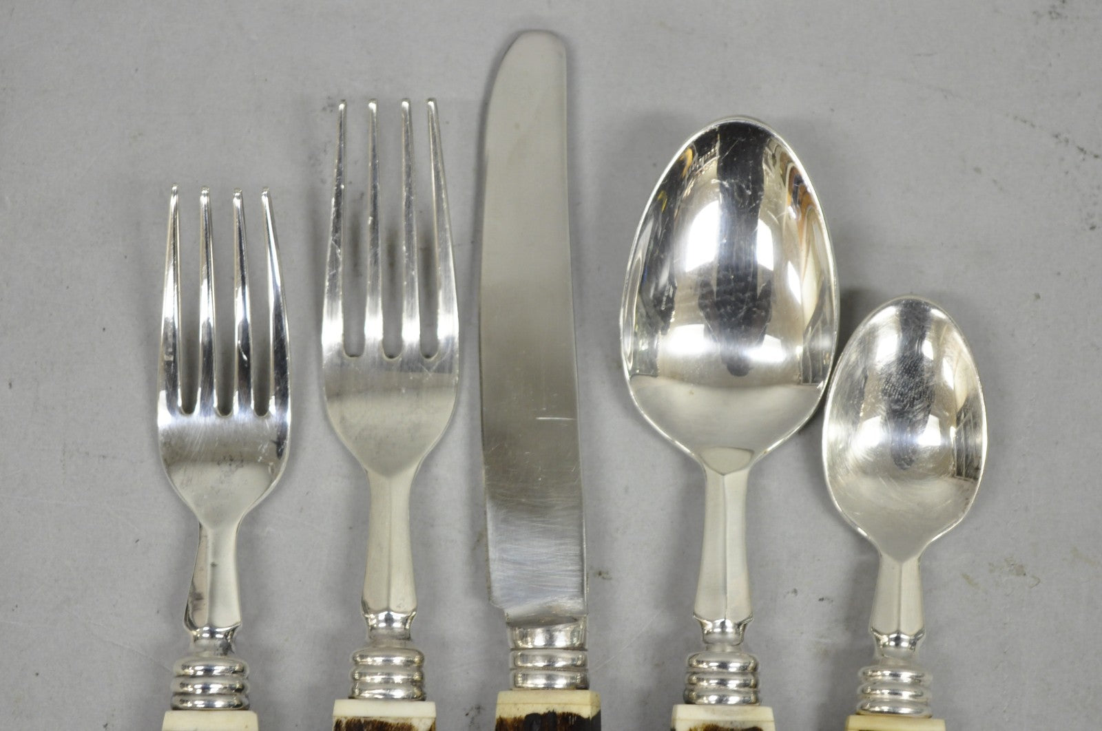Vintage Hollywood Regency Faux Horn Handle Silver Flatware (5 pc) Set Svc for 12