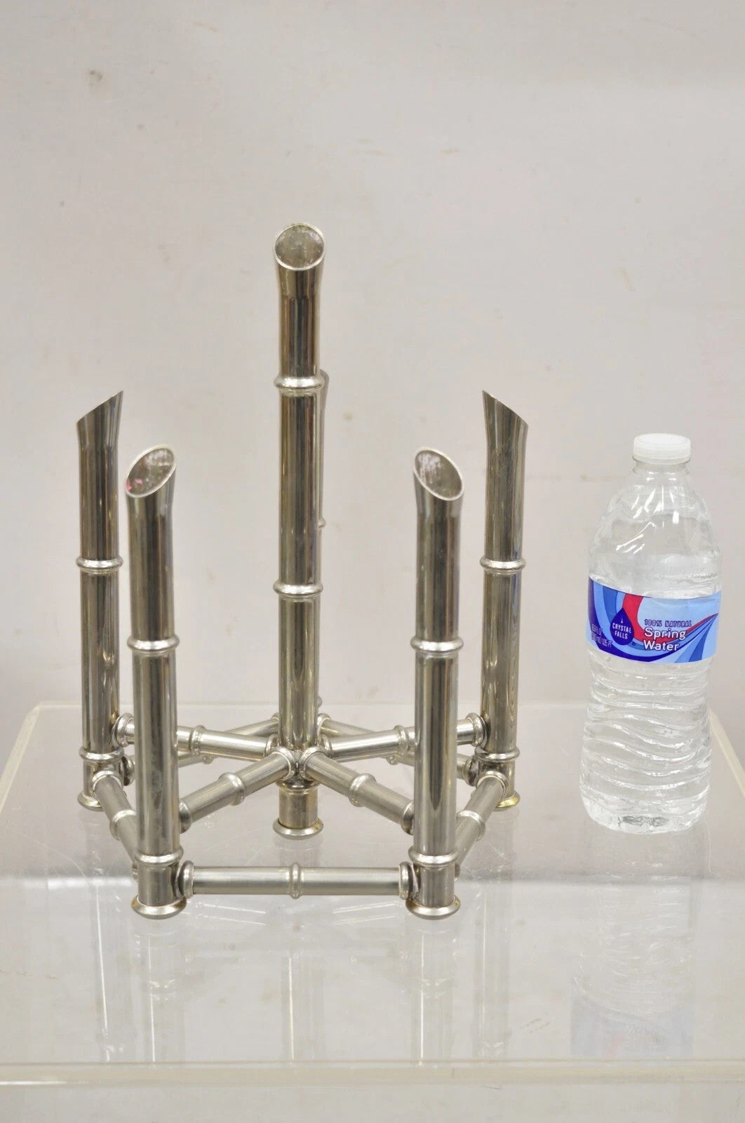 Vintage Hollywood Regency Silver Plated Chrome Faux Bamboo Candlesticks - a Pair