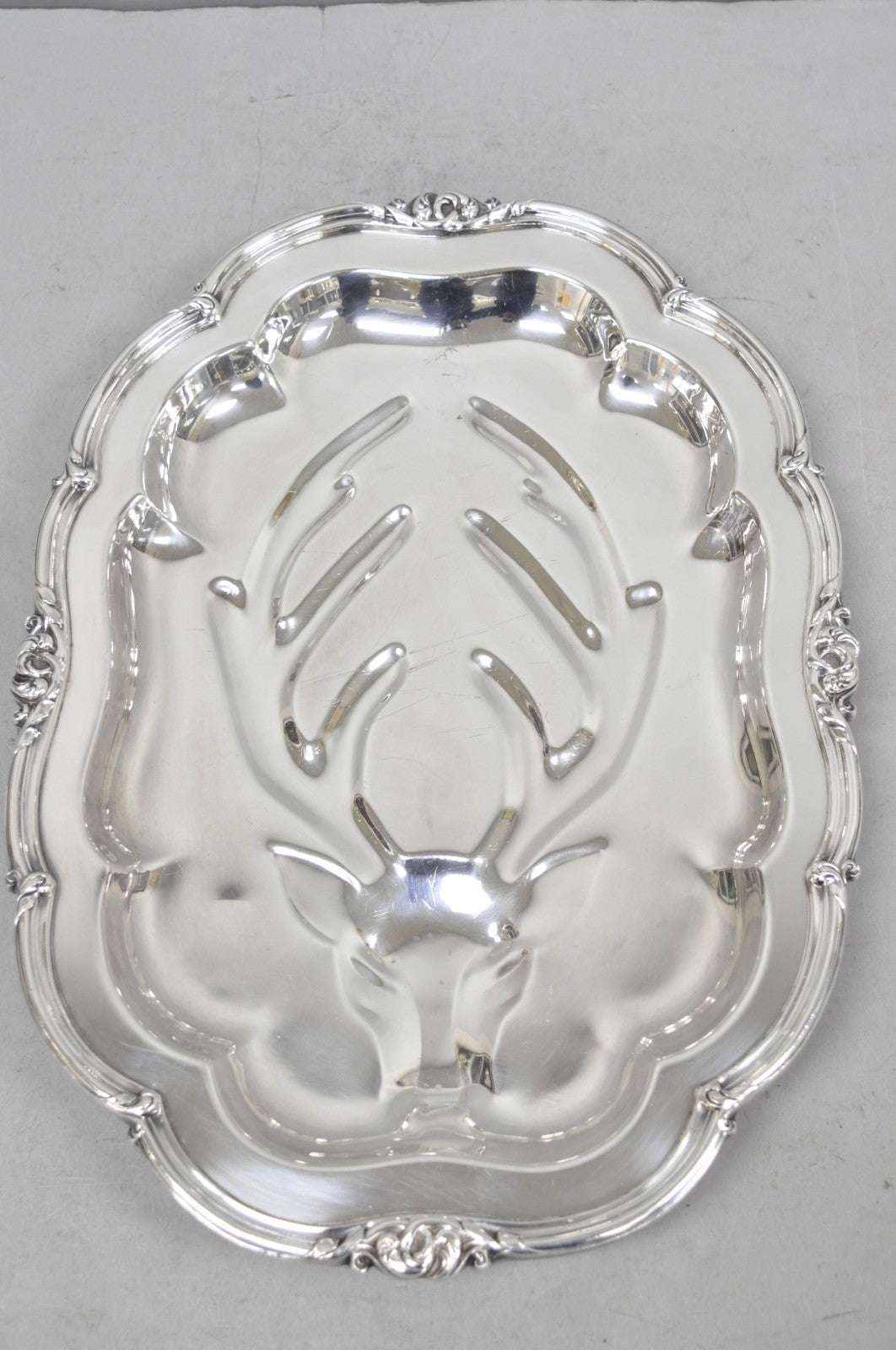 Vintage Silver Plated Scalloped Oval "Stag/Deer" Meat Serving Platter Tray