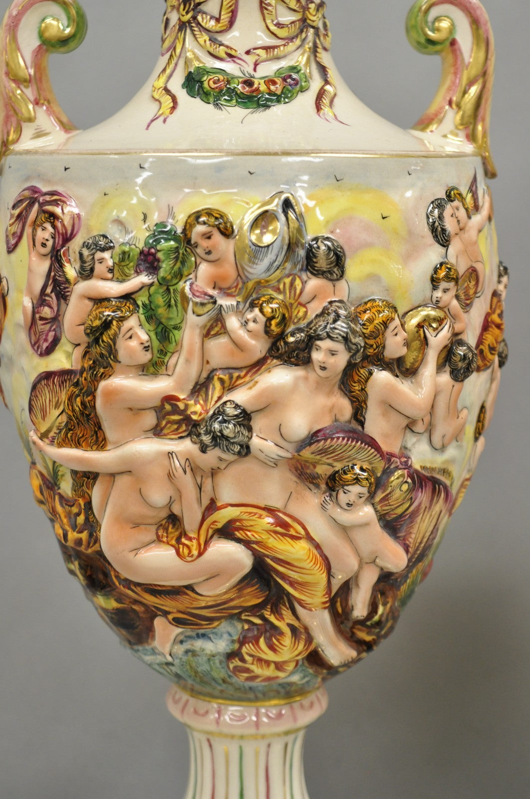 Antique Italian Capodimonte Ceramic Porcelain Figural Urn Table Lamps - a Pair