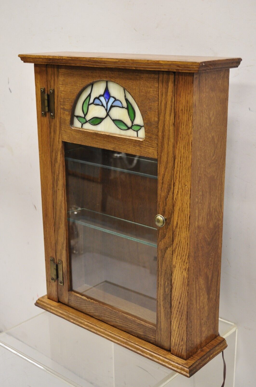 Vintage Victorian Style Oak Wood & Stained Glass Small Display Curio Cabinet