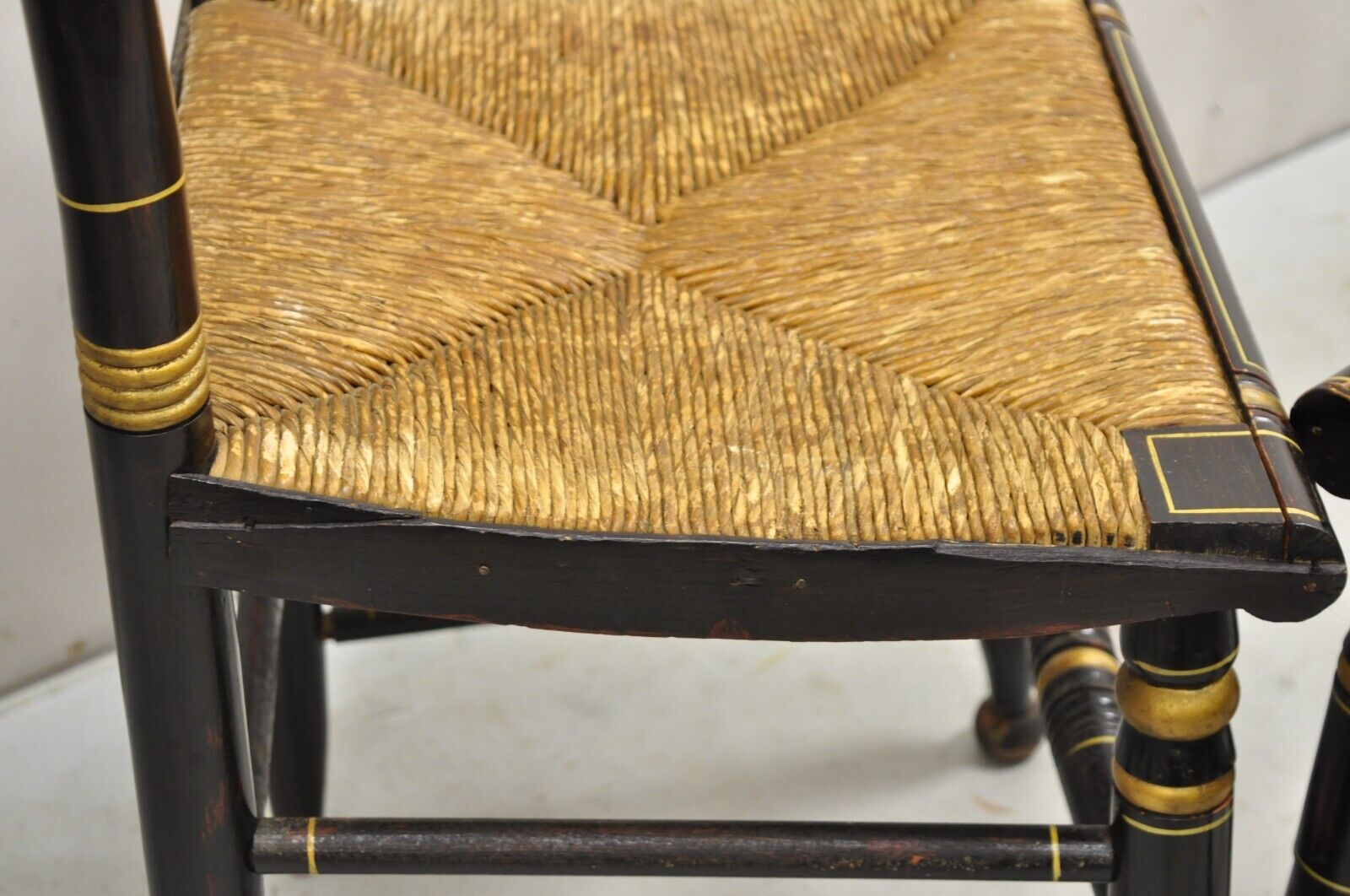 Antique Hitchcock Black and Gold Harvest Stencil Rush Side Chairs - a Pair