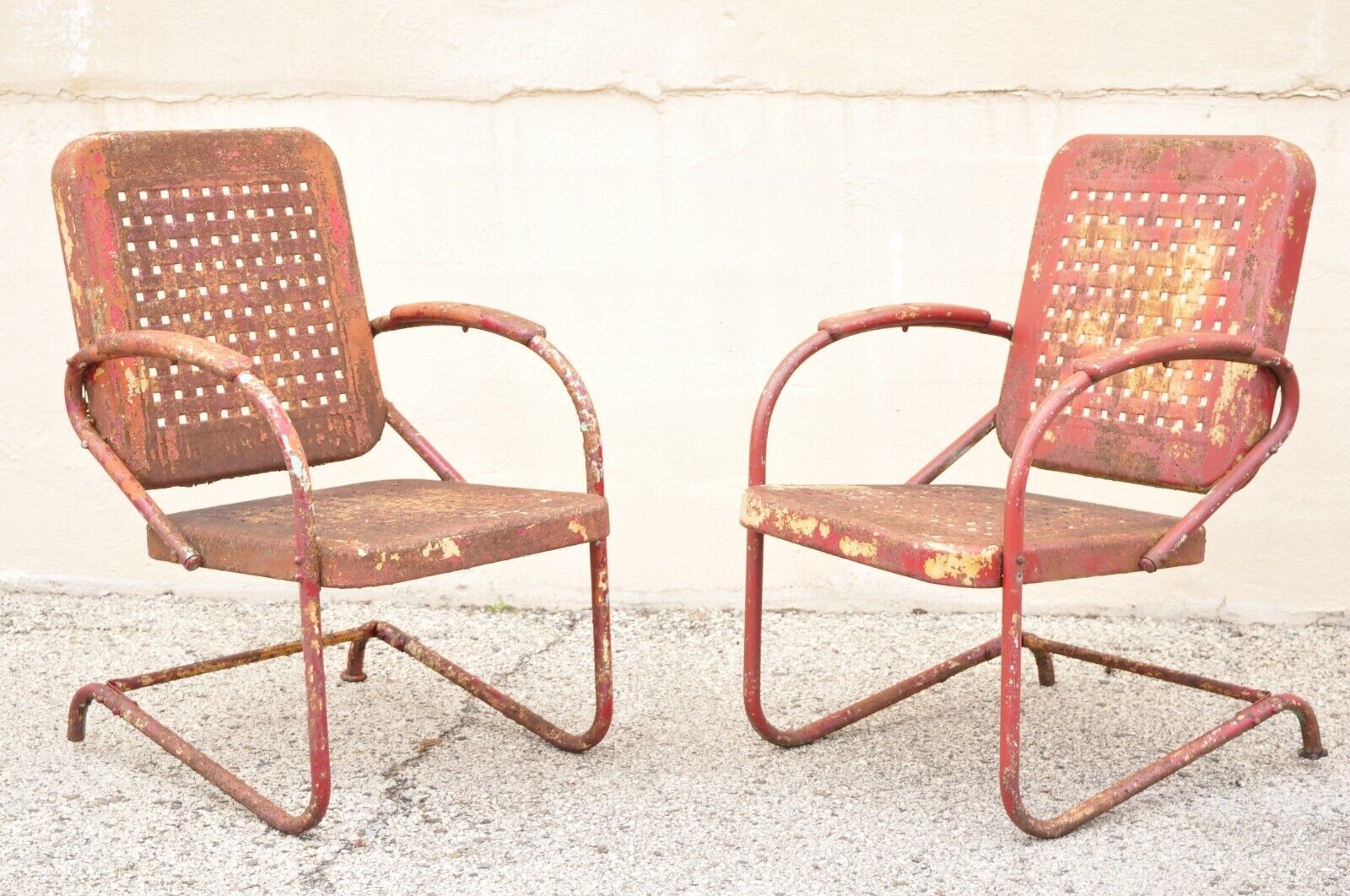 Antique Art Deco Basketweave Red Distress Paint Bouncer Garden Chairs - a Pair