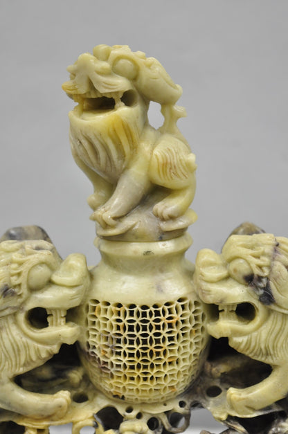 Vintage Chinese Carved Soapstone Foo Dog Figural Incense Burner Sculpture