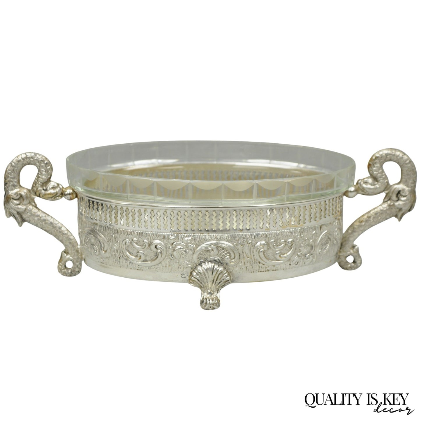 Vintage Italian Regency Silver Plated Dolphin Handle Glass Candy Dish Jardiniere