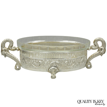Vintage Italian Regency Silver Plated Dolphin Handle Glass Candy Dish Jardiniere