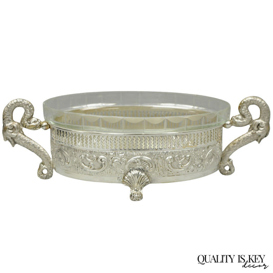 Vintage Italian Regency Silver Plated Dolphin Handle Glass Candy Dish Jardiniere